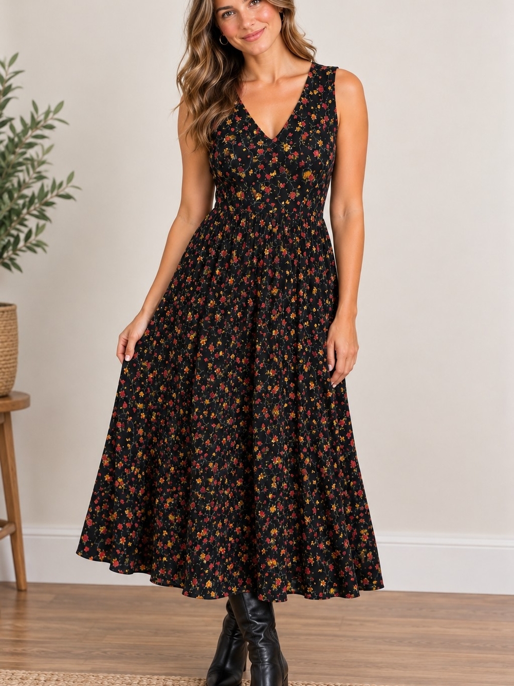 Vintage Bryn Connelly Brown Floral V-Neck Jumper Dress